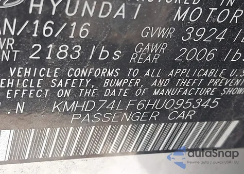2017 Hyundai Elantra Se from USA, damaged, VIN KMHD74LF6HU095345